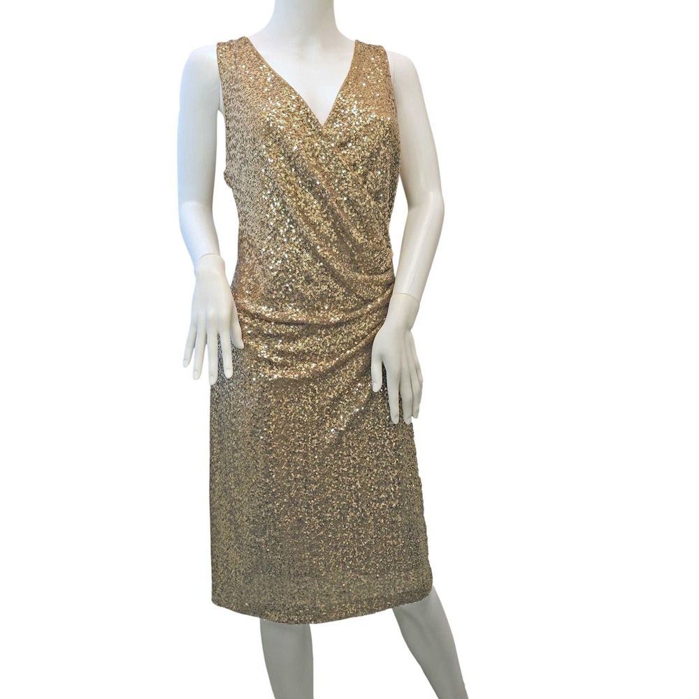 Lauren Ralph Lauren Gold Sequin Cocktail Dress Womens 16 Ruched Surplice Glam